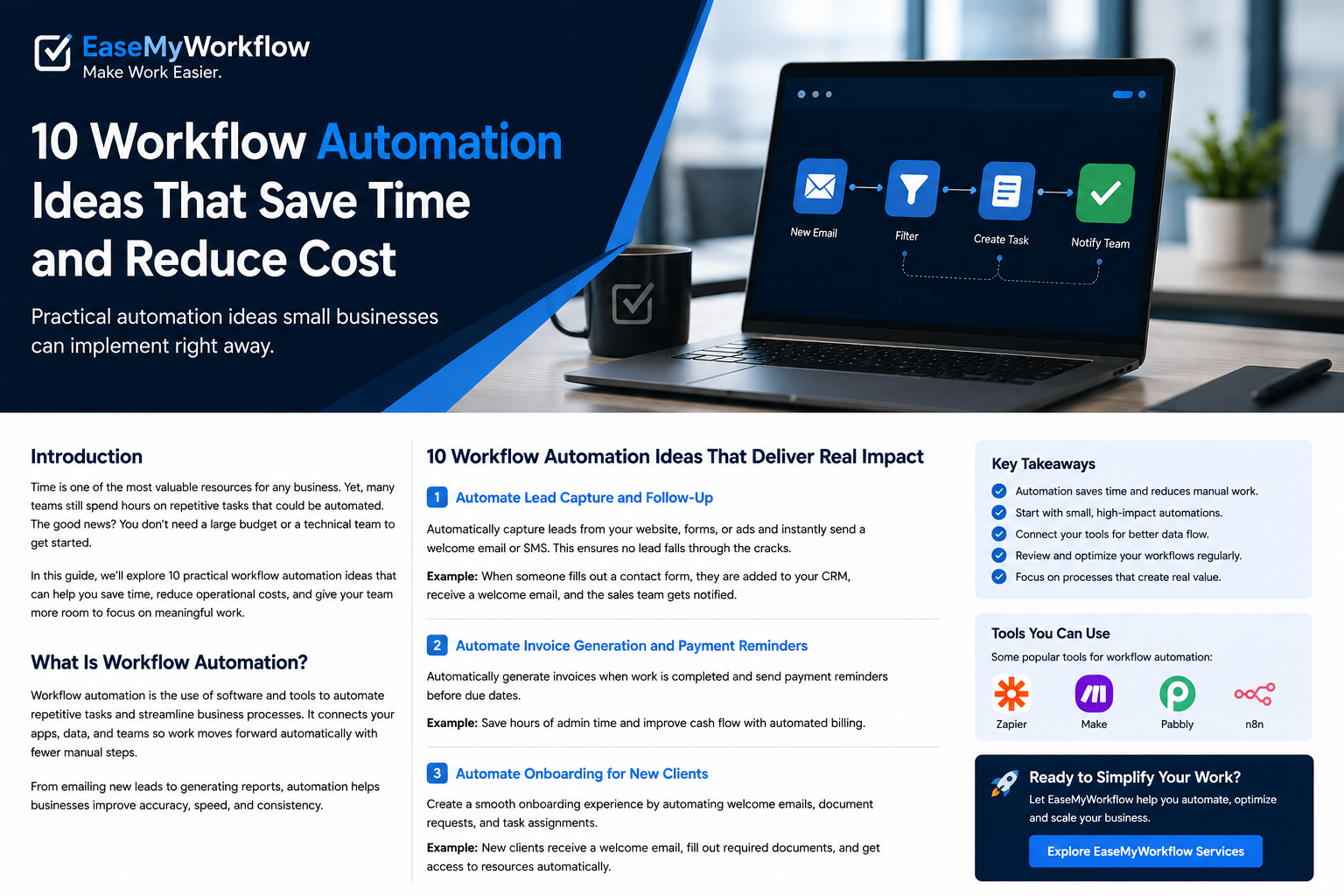 Modern laptop displaying a business workflow automation sequence in EaseMyWorkflow's blue, black and white visual style.