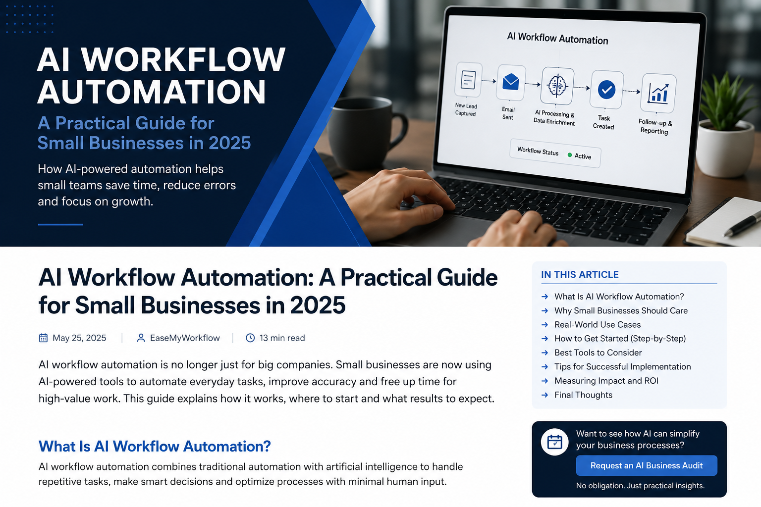 Human-supervised AI workflow automation shown on a laptop in a blue, black and white business technology setting