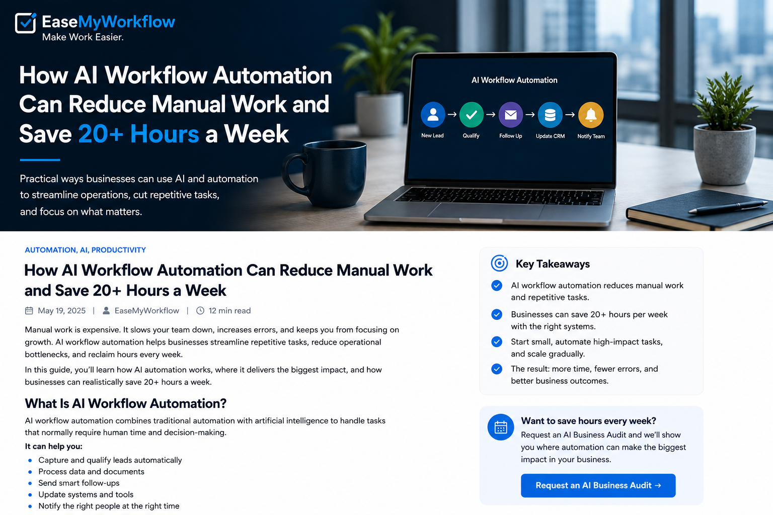 Modern blue and black business workspace illustrating an AI workflow that routes a new lead through qualification, follow-up, CRM updates and team notification.