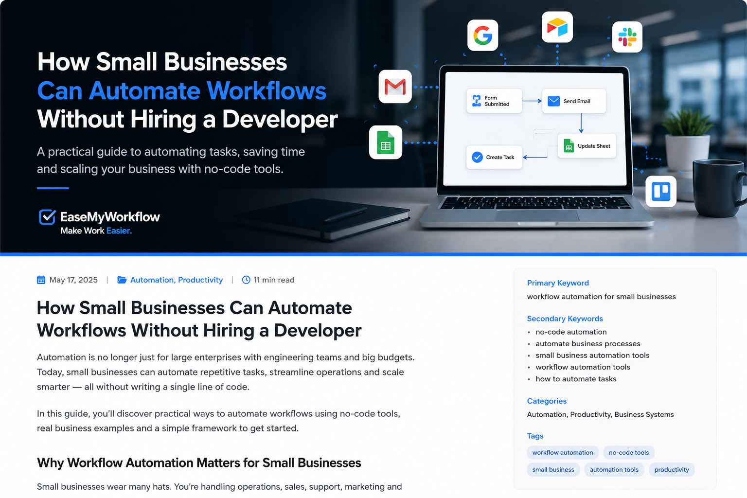 Small business workflow automation dashboard connecting email, spreadsheets and task apps in a modern blue office scene.